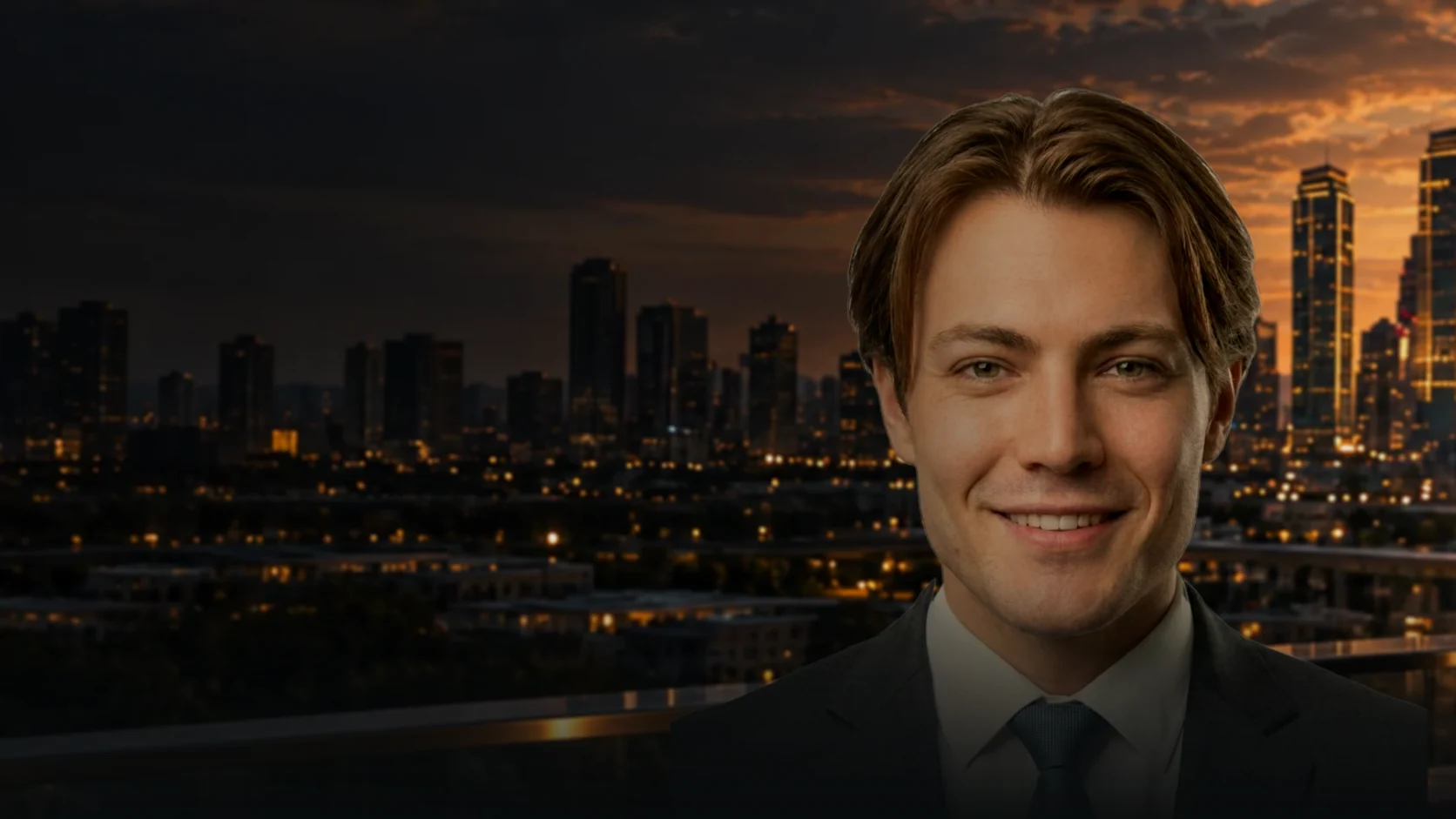 Ata Turhan in a charcoal suit, with the Dallas skyline at sunset